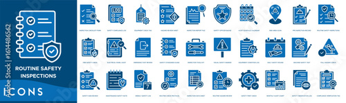 Routine Safety Inspections icon set. Inspection Checklist Form, Safety Compliance Log, Equipment Check Tag, Hazard Review Sheet, Inspection Report File, Safety Officer Badge and Audit Schedule