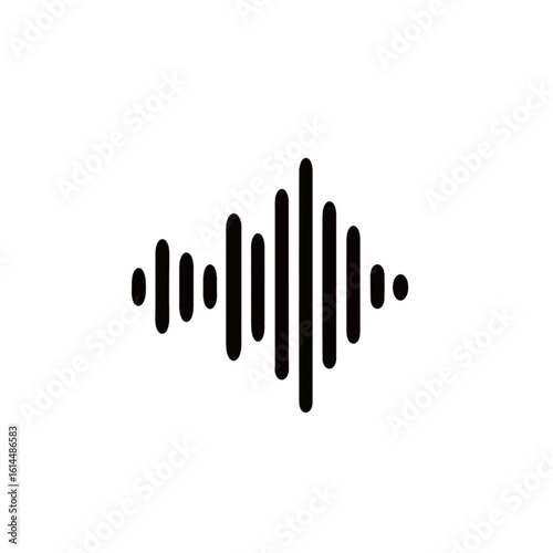 A minimalist black and white graphic representation of an audio waveform, showcasing fluctuating sound intensity.
