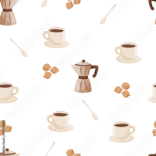 Vector seamless pattern featuring brown geyser coffee makers, white mugs with coffee and beige sugar cubes on a white background. Suitable for cafe, kitchenware and coffee themes