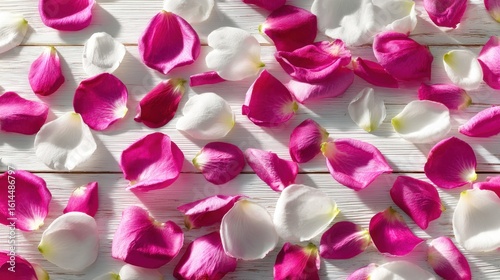 Wallpaper Mural Pink and white rose petals scattered on a white wooden surface. Torontodigital.ca