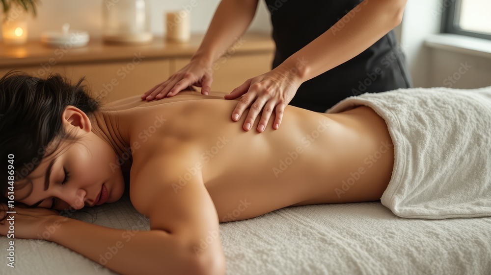 Fototapeta premium Professional Back Massage Therapy in Wellness Clinic, a young woman getting spa treatment, and a chiropractor