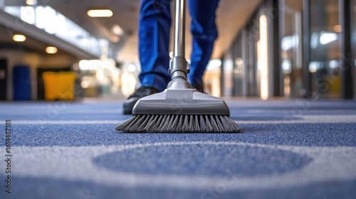 Wallpaper Mural A person using a vacuum cleaner to clean a blue carpet in an office hallway. Torontodigital.ca