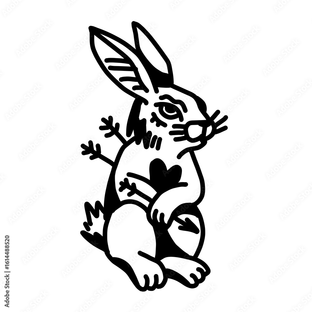 Fototapeta premium Symbolic line art drawing of a wounded rabbit with arrows and heart