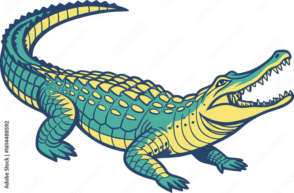 Fototapeta premium Realistic colorful crocodile illustration with lifelike scales and vibrant gradient tones perfect for wildlife artwork. Realistic colorful crocodile drawing with natural shading and bright vivid color