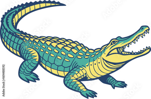 Realistic colorful crocodile illustration with lifelike scales and vibrant gradient tones perfect for wildlife artwork. Realistic colorful crocodile drawing with natural shading and bright vivid color