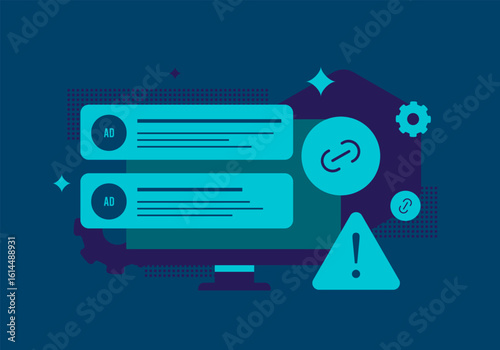 Malvertising attack warning, suspicious ad links, ads fraud risk. Malvertising online security alert, user safety in programmatic advertising, digital threats in display ad. Neon vector illustration