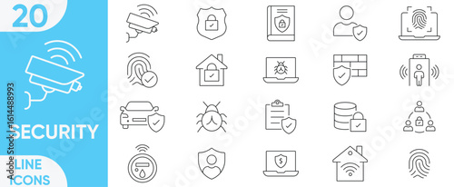 Security line icon vector and illustrator set.encryption, safety, insurance, data protection, key, shield, unlock, detector, sensor, locked, password more.Editable stroke.