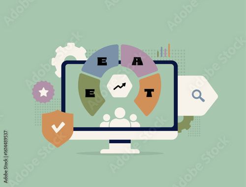 E-E-A-T signals rank experience, expertise, authority and trust through high-quality content evaluation. EEAT signals SEO content credibility across domains and knowledge areas vector illustration