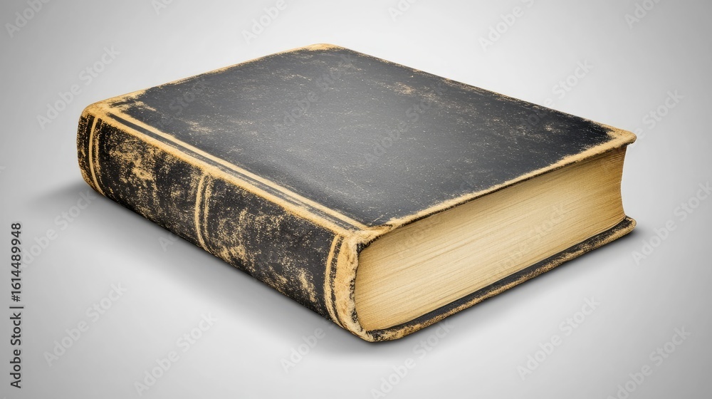 Obraz premium A thick, antique book with a worn, dark-colored cover, showing significant age and discoloration. The exposed edges of the pages are yellowed and aged, suggesting significant time passed