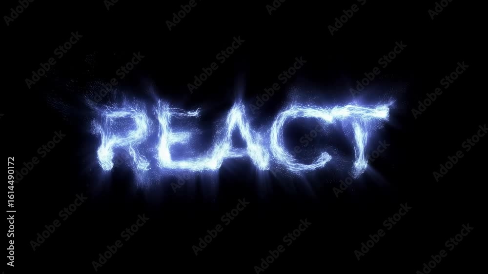 Glowing text effect of the word 'React' created with sparkling particles against a black background Glowing text effect of the word 'React' created with sparkling particles against a black background