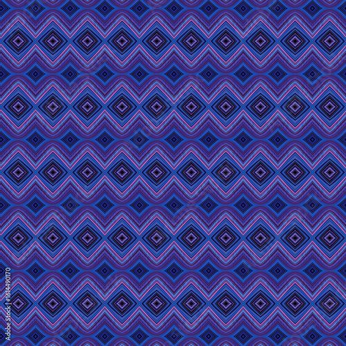 Seamless geometric pattern in violet and indigo with layered diamond shapes and optical depth. Perfect for fashion textiles or modern wallpapers.