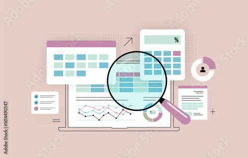 Personal finance budgeting apps with graphs, expense tracker, savings accounts money management tools. Smart financial decisions, personal finance with data-driven money control. Vector illustration