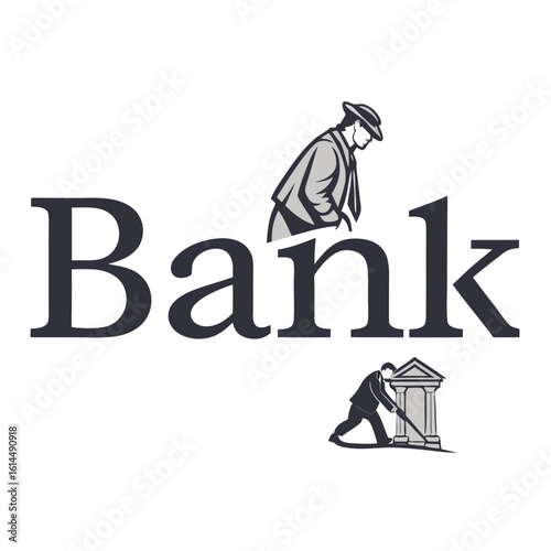 Man pushing a building with the word bank