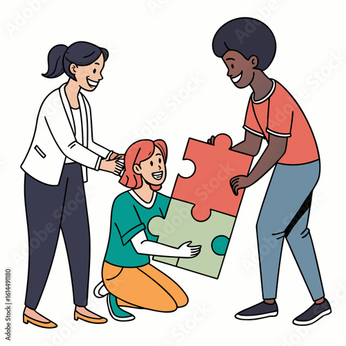 Diverse team working together to complete a puzzle