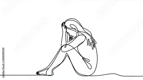 Sad woman sitting alone in a single line drawing