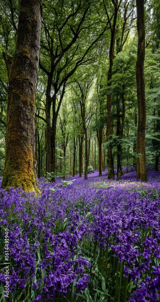 Fototapeta premium Lush forest floor blanketed in vibrant purple flowers (1)