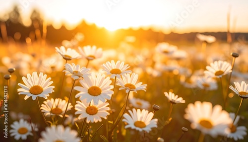 Golden hour sunlight illuminates a field of daisies