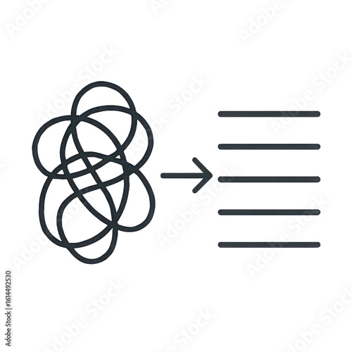 Simplify complexity icon with arrow from tangled mess to ordered lines