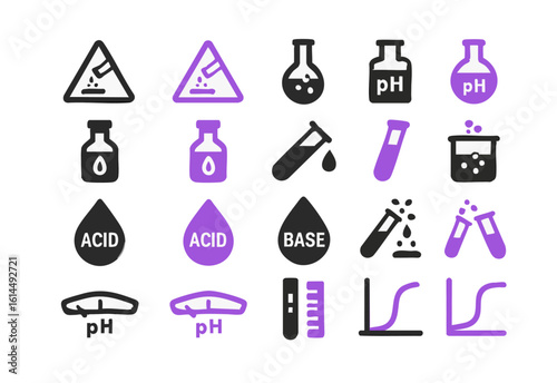 A collection of laboratory icons featuring essential elements, including ph indicators, acid and base symbols, and various glassware and test tubes, suitable for scientific and