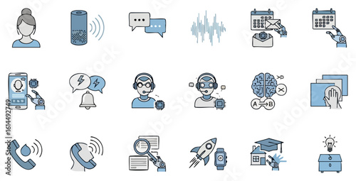 A collection of modern communication icons, featuring telephony, data processing, and technological advancement symbols for digital media and infographics.
