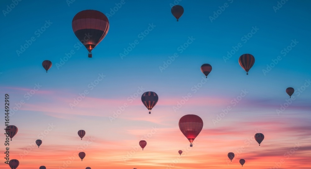 Obraz premium Multiple Hot Air Balloons Soaring at Sunset: A Breathtaking Aerial View