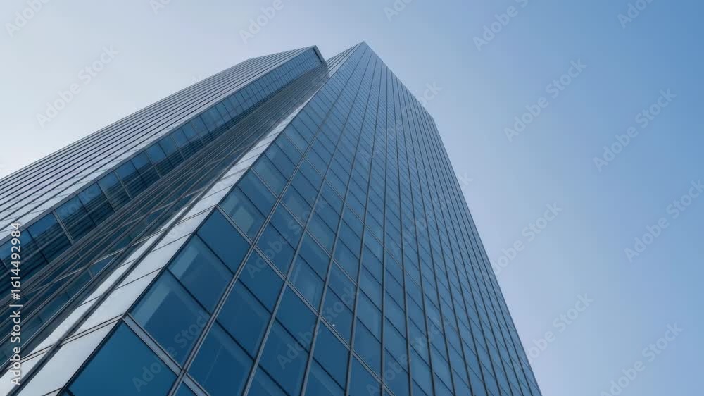 Low angle view of modern glass skyscraper against blue sky, architecture, building, and business themes. Low angle view of modern glass skyscraper against blue sky, architecture, building, and business themes.