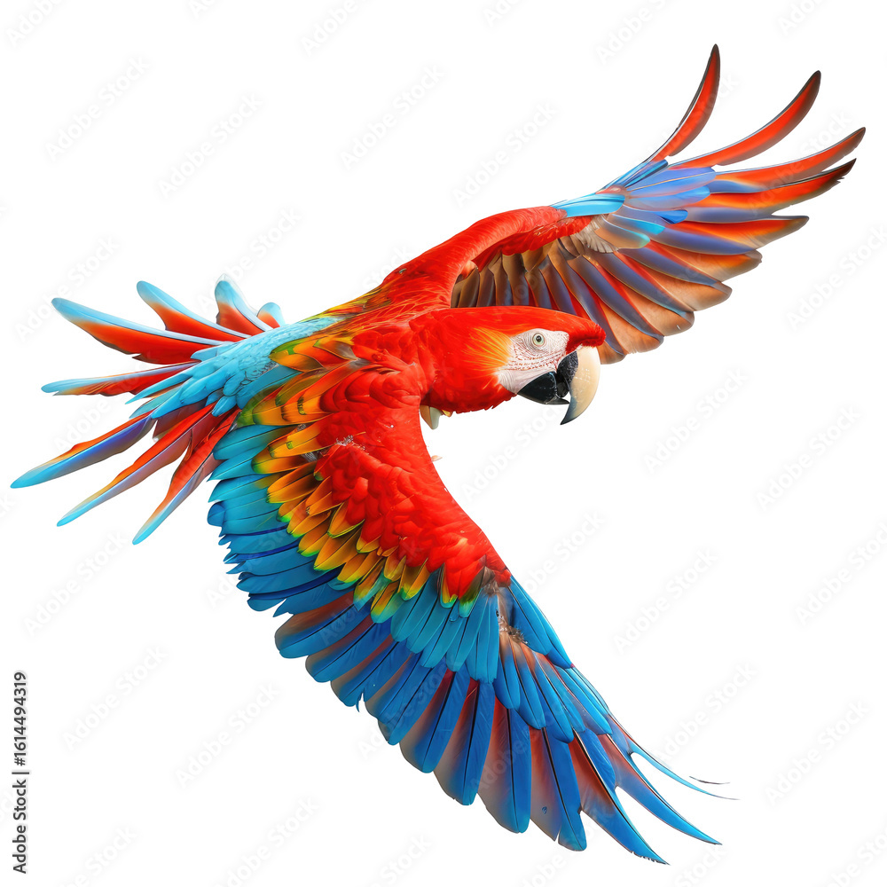 Fototapeta premium Vibrant macaw in flight against a black background. Colorful plumage, wide-spread wings, dynamic pose
