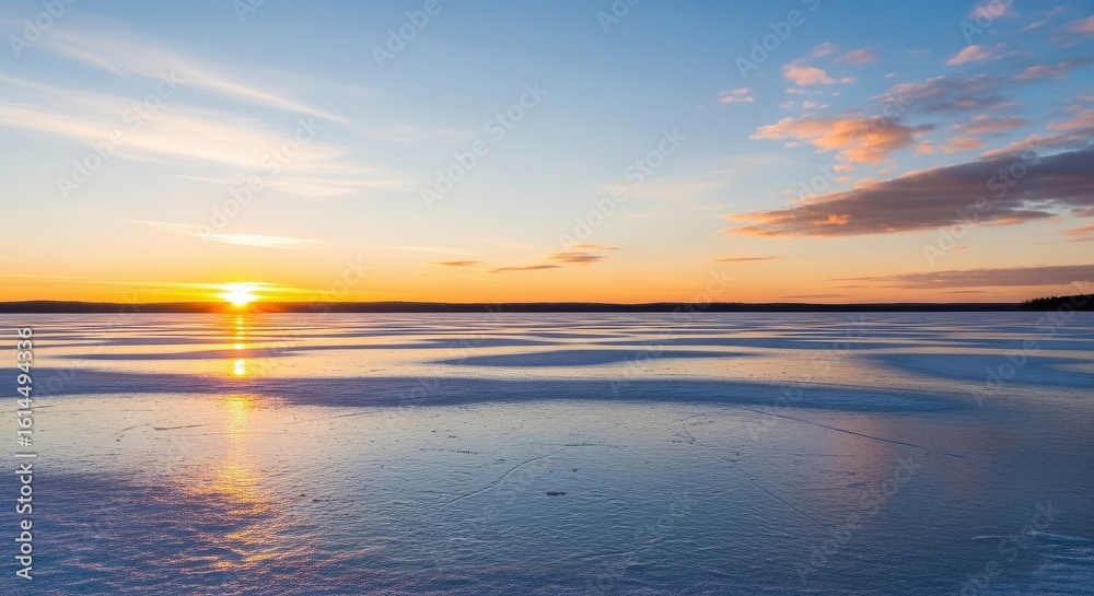 Obraz premium Golden sunset over frozen lake with ice patterns and vibrant sky, winter landscape, nature background, tranquil scene isolated PNG with Transparent Background