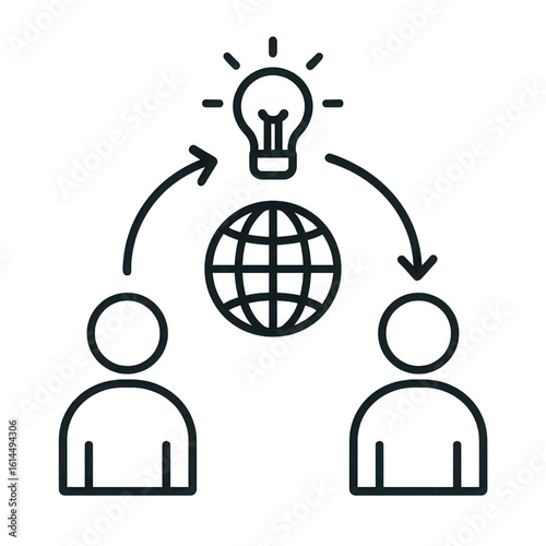 Collaboration icon showing lightbulb, globe, and two people isolated PNG with Transparent Background