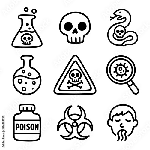 A set of doodle line icons illustrating poison and biohazard elements such as toxic chemicals, skulls, viruses, warning signs, and sickness