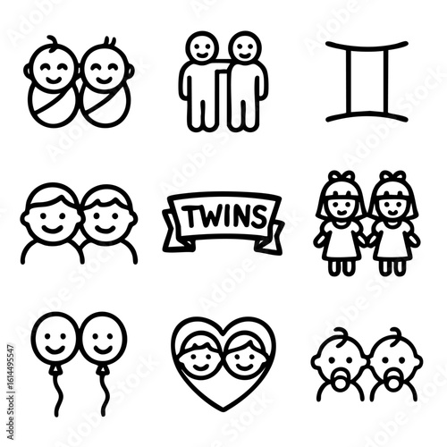 A set of doodle line icons representing twins and sibling concepts, including baby twins, identical children, balloons, and the Gemini symbol
