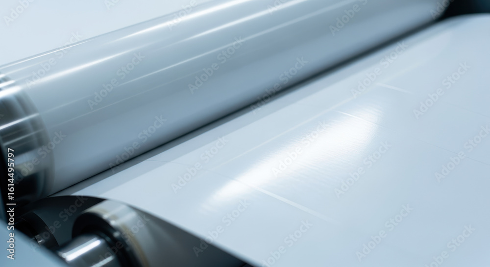 Fototapeta premium Close up of industrial plastic film production process on modern machine roller, smooth transparent sheet manufacturing, polymer processing technology