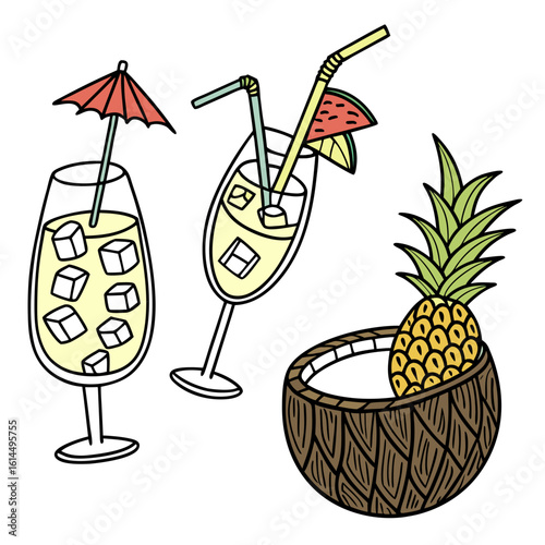 “Vector exotic cocktails set: pina colada, mojito, coconut drink, garnishes, ice cubes, umbrellas”
