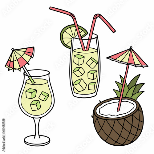 “Vector exotic cocktails set: pina colada, mojito, coconut drink, garnishes, ice cubes, umbrellas”

