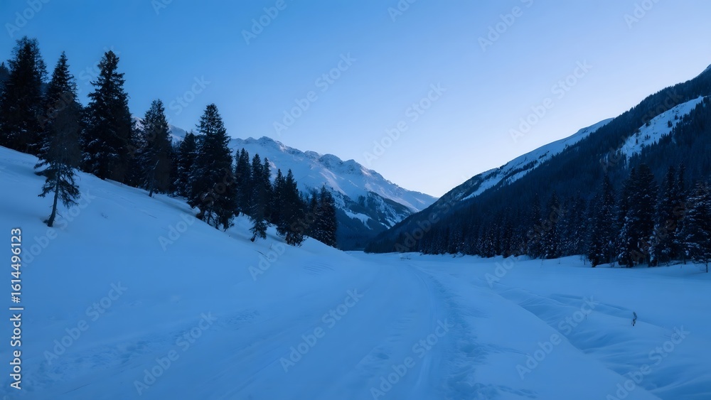 Snowy Mountain Road at Dusk with Pine Trees and Distant Peaks Snowy Mountain Road at Dusk with Pine Trees and Distant Peaks