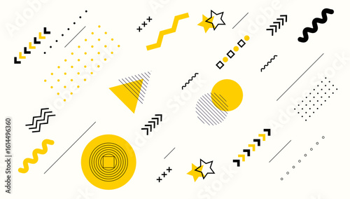 Creative abstract geometric memphis background with dynamic yellow and black shapes, lines, and patterns for a modern design