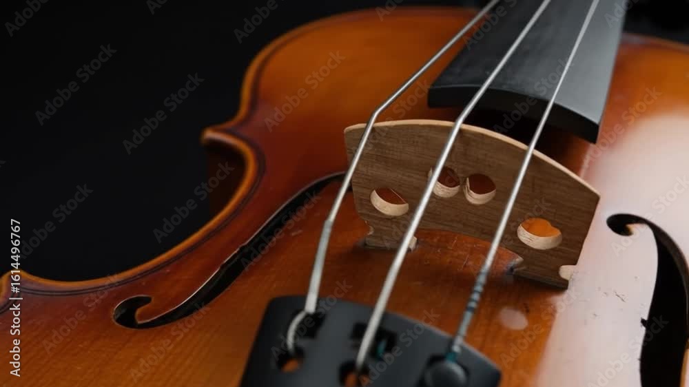 Closeup of a violin focusing on the bridge strings and Fhole against a dark background Closeup of a violin focusing on the bridge strings and Fhole against a dark background