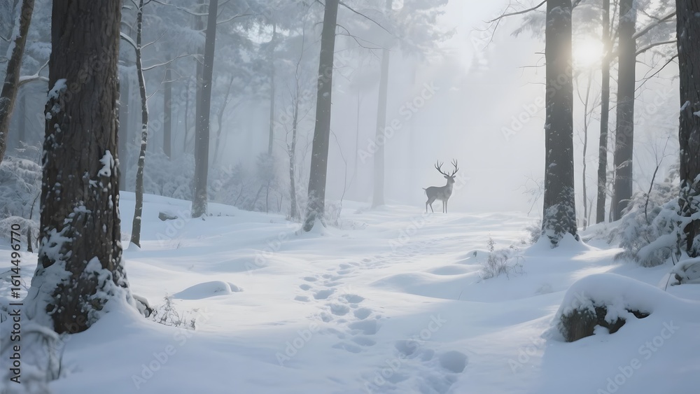 Naklejka premium A serene winter forest scene with a deer standing amidst snow-covered trees and soft sunlight filtering through the mist.
