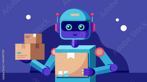 Illustration of a delivery robot holding boxes against a dark blue background with white circles