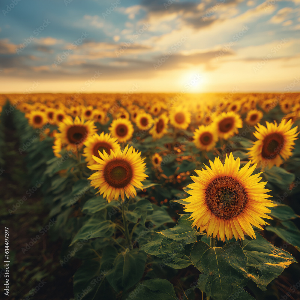 Fototapeta premium Beautiful sunflower field at golden hour