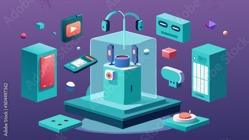 Illustration of various tech gadgets and devices including phones headphones and a central processing unit