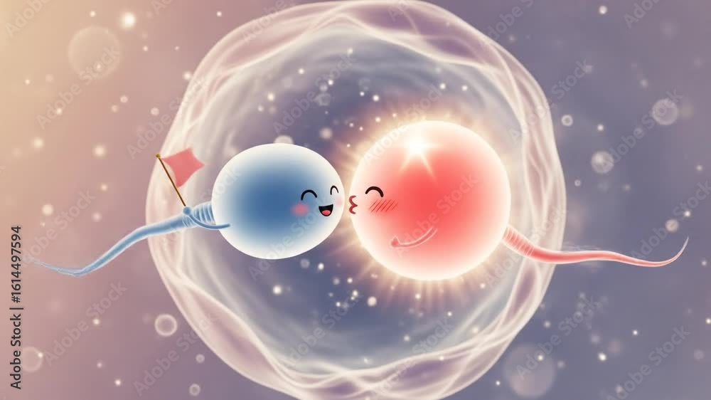 Fertilization bliss: A charming illustration depicts a sperm and egg in a heartwarming embrace. conveying the joy of conception and the creation of life.