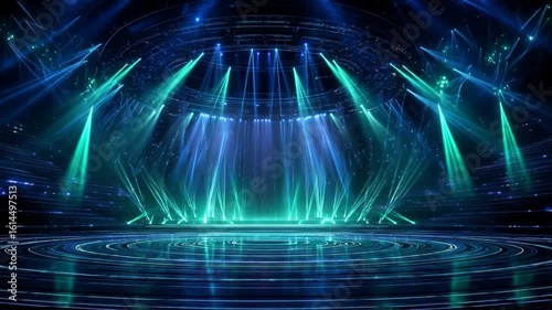 Dynamic Stage Lighting with Bright Green And Blue Beams Illuminating A Circular Performance Space
