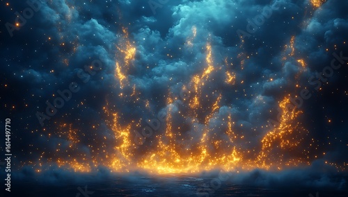 Golden light streaks through a dark nebula, creating a dramatic and celestial spectacle