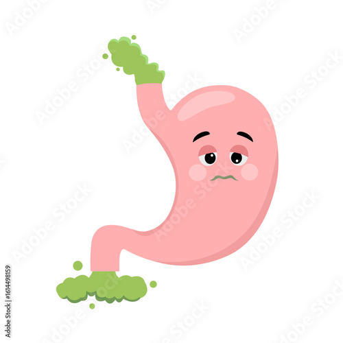 Human stomach cartoon character with nausea and acid reflux.
