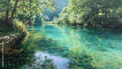 Serene river flowing through lush forest