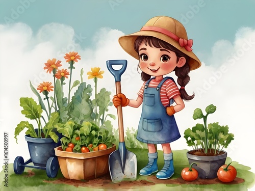 Cute cartoon girl gardening with a shovel and vegetables in watercolor style. Cartoon character illustration.