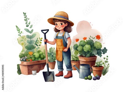 Cute cartoon girl gardening with a shovel and vegetables in watercolor style. Cartoon character illustration.