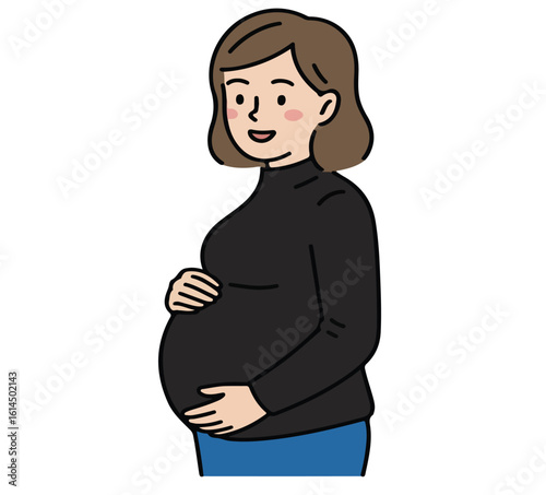 Illustration of a pregnant woman with brown hair wearing a black top and blue pants smiling softly