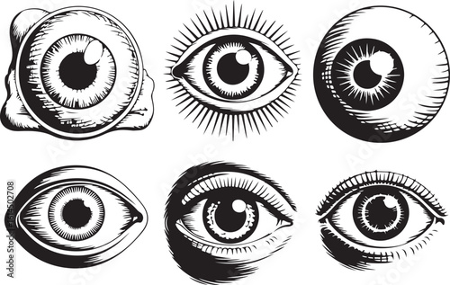 Engraved Eye Vector Illustration Set Occult Symbol Vision Sight Anatomy